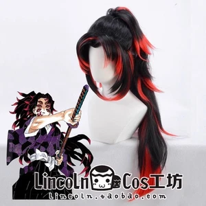 Parrucca capelli lunghi Demon Slayer Anime Kokushibo cosplay nero rosso coda di cavallo con rete per capelli - Foto 1 di 7