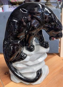 Mid Century Modern Black Panther Cat Climbing Rock Ceramic Sculpture Vintage - Picture 1 of 6