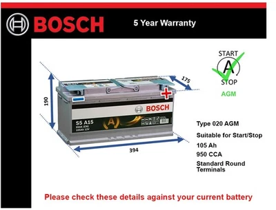 AGM Battery fits VW TOUAREG 7L, 7P, CR7 2002 on Stop Start Bosch 020 AGM 950A - Image 1 of 4