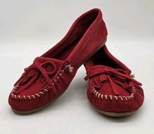 Minnetonka  Moccasins Women’s Size 8.5  Red Suede Slip On  Comfort Shoes - Picture 1 of 11