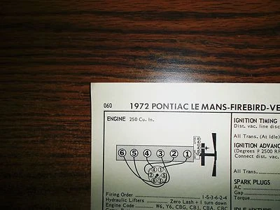 Pontiac Ventura 1972, LeMans y Firebird 250 CI L6 Sun tabla de puesta a punto ¡Gran forma! Foto 1 de 4