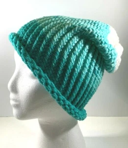 Gorro tejido a mano gorro azul verde azulado blanco adulto adolescente niño 100 % acrílico - Imagen 1 de 4