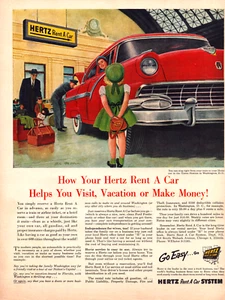Hertz Rent a Car Red Auto Girl with Green Dress Family Vintage Print Ad 1955 - Picture 1 of 4