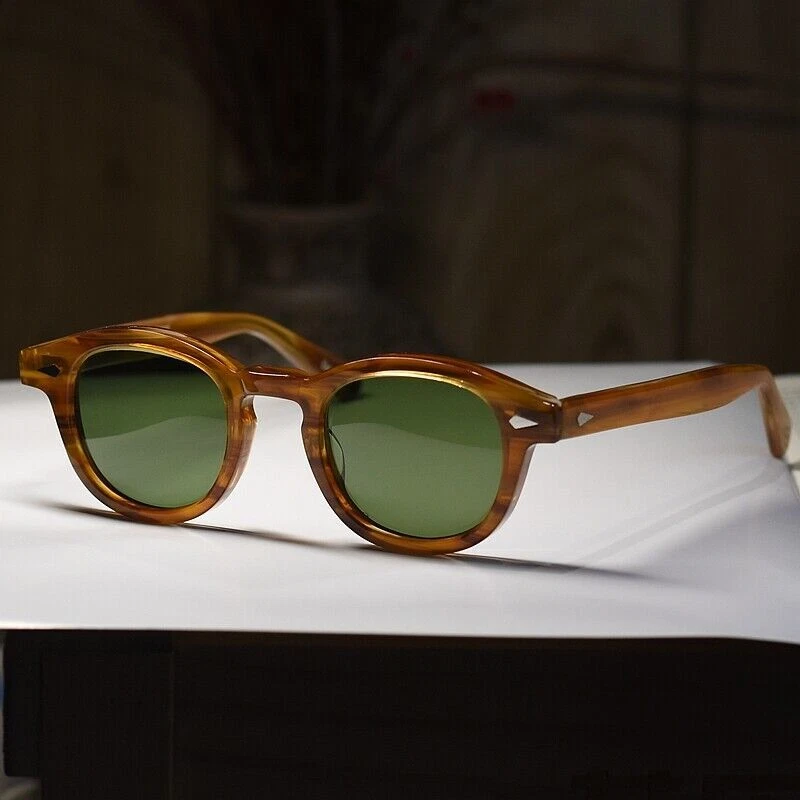 Vintage Sunglasses Johnny Depp Glasses Mens Blonde Frame Round Green Glass Lens