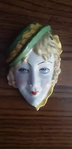 Antique Art Deco Lady Face Wall Hanging 1930’s Green & Yellow Hat - Picture 1 of 8
