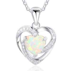 Lady Silver Love Heart White Simulated Opal Pendant Necklace Wedding Jewelry