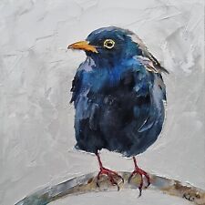 Original Painting Blackbird Portrait Oil on Board Bird Art 6x6 inches