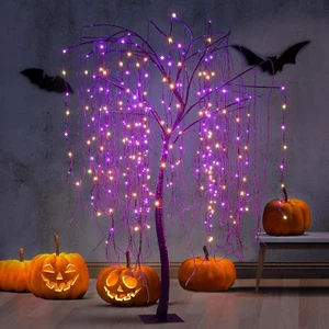 7 FT Halloween Lighted Willow Tree 256 LED Orange and Purple Lights Artificial W - Picture 1 of 6