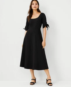NEW ANN TAYLOR $149 BLACK LINEN BLEND TIE SLEEVE SCOOP NECK FLARE DRESS SZ 8 - Picture 1 of 2