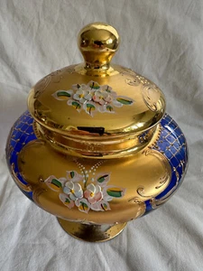 Carla Fiorotto Italian Gold & Blue Lidded Crystal Art Glass Bon Bon Jar / Vase - Picture 1 of 13
