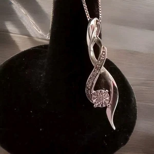Vintage Sterling Silver Diamond Ribbon Slide Pendant 925 Chain Necklace 17" - Picture 1 of 5