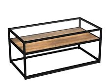 2 Tier Coffee Table Rustic Oak with Storage Glass Top Shelf Metal Frame 3.3Ft
