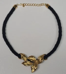 Gold Tone Leaf Slide Pendant Black Cord Women's Choker Necklace 4G - Picture 1 of 19