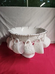 1950’s Thatcher McKee White Milk Glass Punch Bowl Concord 28pc set W/Hangers - Picture 1 of 24