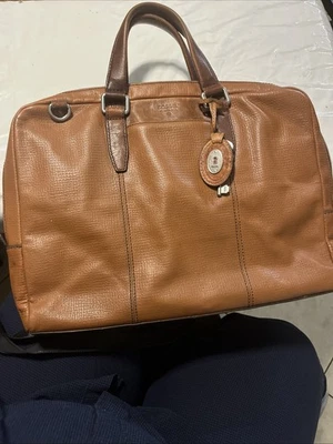 Bolso maletín para portátil marrón de cuero fósil de colección. Falta correa para el hombro. Foto 1 de 4