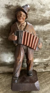 Vintage Hand Carved Wooden Black Forest Musician Figure Accordion Player 8” - Picture 1 of 8