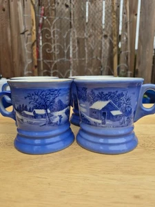 Currier & Ives "The Old Homestead In Winter" Blue/White w/Gold Rim Coffee Mug - Picture 1 of 11