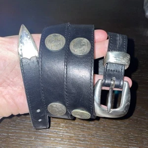 Leegin Black Leather Belt Buffalo Head Nickels On Belt Silver Buckle Sz 40 - Foto 1 di 5