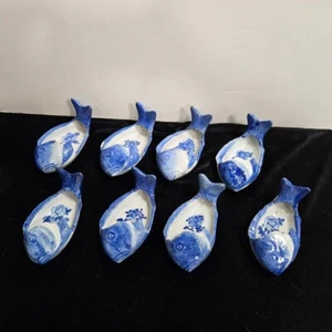 Vintage Japanese Blue & White Fish Porcelain Bone Dish Hand Painted Set Of 8 - Picture 1 of 13