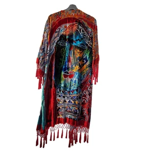 Chico’s Velvet Burnout look Tassel Fringe Picasso Style Face Kimono S/M Rayon - Picture 1 of 11