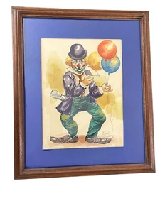 Pintura vintage de payaso sosteniendo globos cepillo de dientes bigote artista firmado enmarcado - Imagen 1 de 15