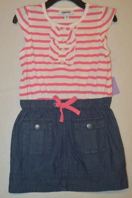 Baby Girl DKNY Pink White Stripe Short Sleeve Denim Dress Sizes 3T, 4T - Image 1 of 3