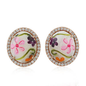 Mother of Pearl Flower Stud Earrings Diamond 18k Rose Gold Enamel Jewelry