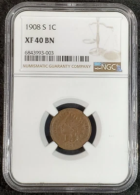 1908-S Indian Head Cent NGC XF40 BN 6843993-003 Exquisite Coin Rare - Image 1 of 4