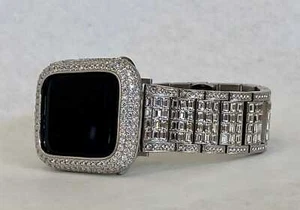 Crystal Apple Watch Band Silver Baguettes or Apple Watch Case Lab Diamond Bling - Picture 1 of 10