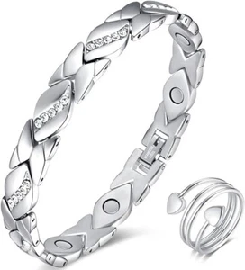 2Pcs Silver Titanium Steel Adjustable Crystal Magnetic Bracelet Ring Jewelry Set - Picture 1 of 5