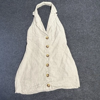 Vestido Tularosa Mujer Mediano Beige Mezcla de Lino Halter Botón Delantero Verano Informal Foto 1 de 4