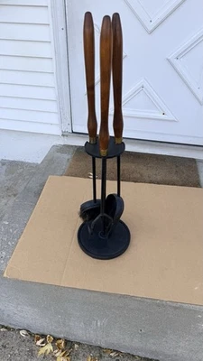 Vintage Heavy Duty Mid-Century Fireplace Tool set Wood /Iron/brass  4 Pc Seymour - Image 1 of 4