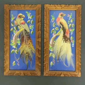 2 Vintage Mexican Feathercraft Bird Art Pair Wood Frames Handmade - Picture 1 of 5