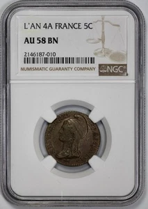 L'AN 4A 1795 France 5c Centimes NGC AU 58 BN - Picture 1 of 4