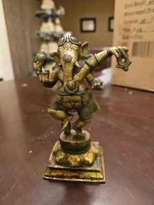 Vintage Brass Hindu Statue Dancing Ganesha Nepal Elephant God 6 Inches Shows Age - Picture 1 of 18