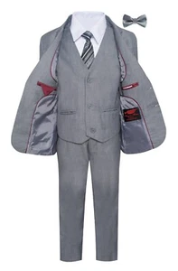 Boy's Suit Pants Vest Blazer Soft Gray 7 Pcs Classic Fit Notched Lapel ST-1 - Picture 1 of 1