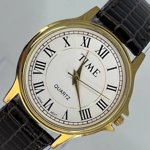 Time Watch Quartz Unisex Gold Tone White Dial Pattern Leather Band NEW BATTERY - Picture 1 of 13