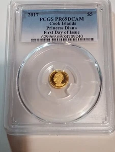 2017 $ 5 PCGS PR69DCAM Cook Islands Prinzessin Diana 1. Tag Ausgabe Goldmünze - Bild 1 von 3
