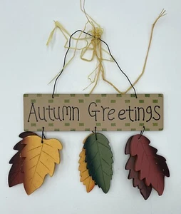 Festive “Autumn Greetings” Wire Hang Wood Sign w/Colorful Hanging Wooden Leaves - Picture 1 of 9