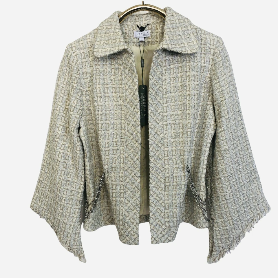 Chaqueta Joseph A Tweed Talla 10 Marfil Dorado Metálico Flecos Cadenas Oficina Sirena Foto 1 de 4