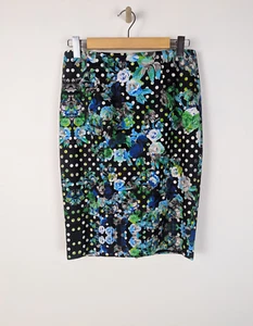 PORTMANS Womens Pencil Skirt Sz 12 Black/Blue Floral Polka Dot Cotton Lined - Picture 1 of 6