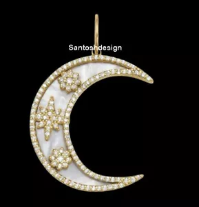 Hermoso Colgante Dije Plata Esterlina Madre Perla Diamante Luna Creciente - Imagen 1 de 2