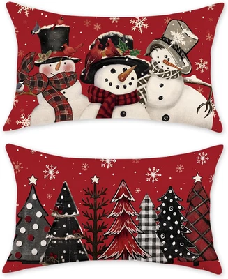 Red Christmas Pillow Covers 12X20 Inch Set of 2, Xmas Trees Snowman Pillowcases  - Image 1 of 4
