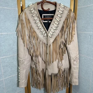 Vintage Leather Gallery Western Fransen Knochen Perlen Nieten Jacke Damen Medium Elfenbein - Bild 1 von 16