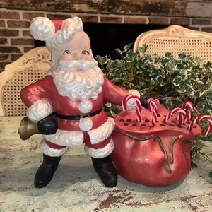 RARE Vtg 70s Atlantic Mold Ceramic 12” Santa Claus w/ Bag Toys Candy Cane Holder - Picture 1 of 12