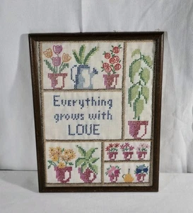 Vintage Kreuzstich gerahmt Alles wächst mit Liebe Glas Holzrahmen floral - Bild 1 von 11