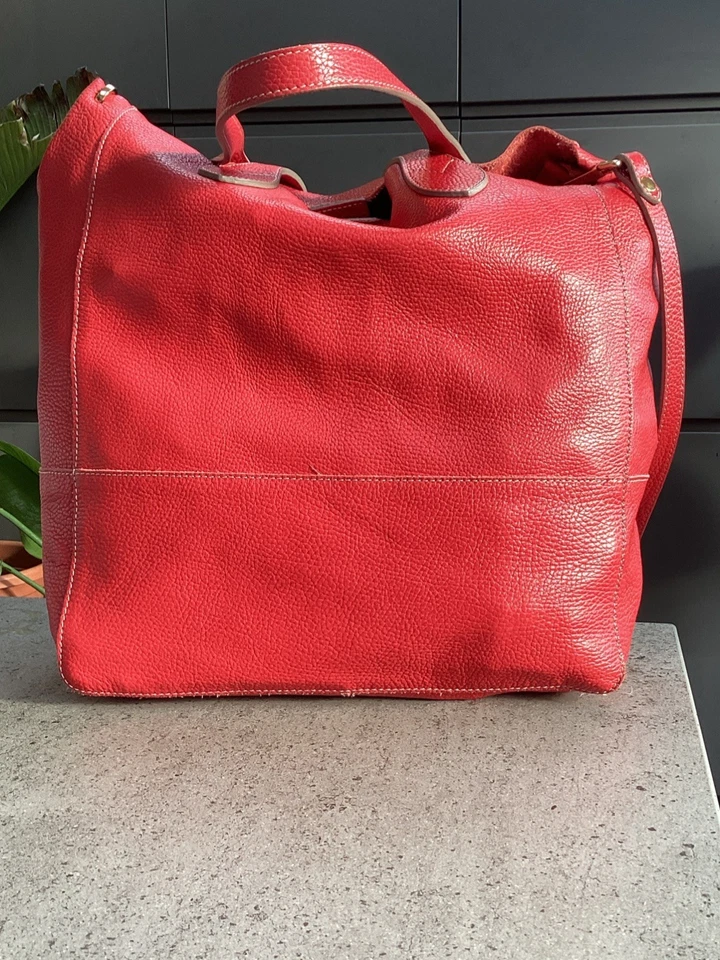Genuine Red Leather Unstructured Double Handled Shoulder Bag, Farenella, Italy - Image 1 of 4