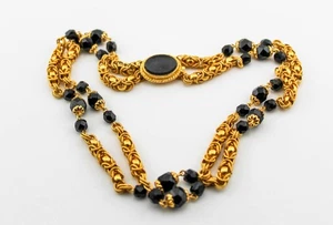 ANTIQUE GOLD PLATE BLACK CRYSTAL 2 STRAND NECKLACE - Picture 1 of 3