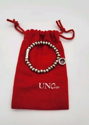 Uno De 50 Silver Plated Bead Stretch Bracelet W/ Purple Faceted Charm & Pouch  - Image 1 of 4