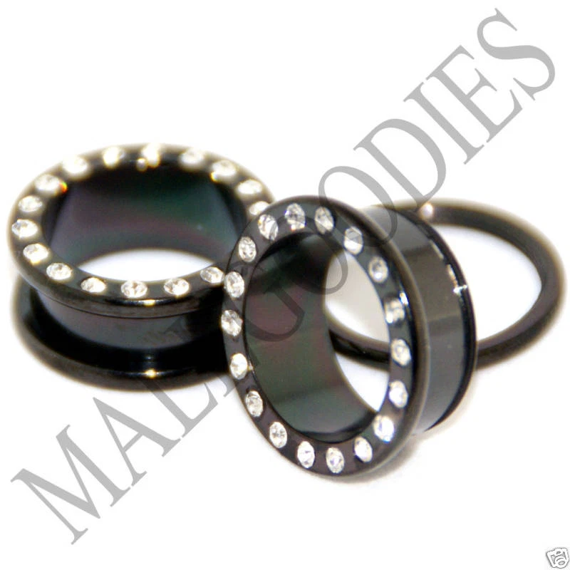 0066 negro atornillable/ajuste túneles de carne de circonita cúbica 11/16" pulgadas 18 mm tapones para los oídos par de acero Foto 1 de 1